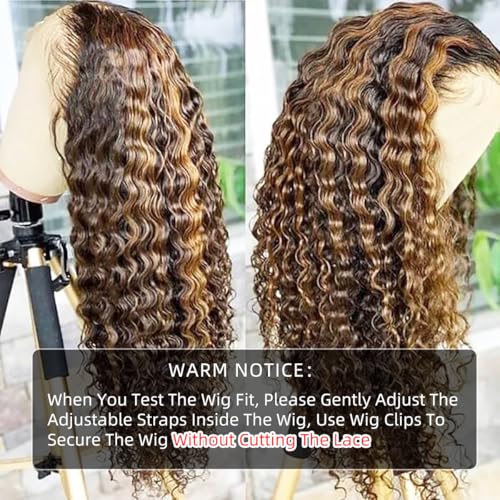 24 Inch Ombre Deep Wave Lace Front Wigs - Glueless, Pre Plucked, Wet and Wavy - 180% Density P4/27 Curly Human Hair Wig