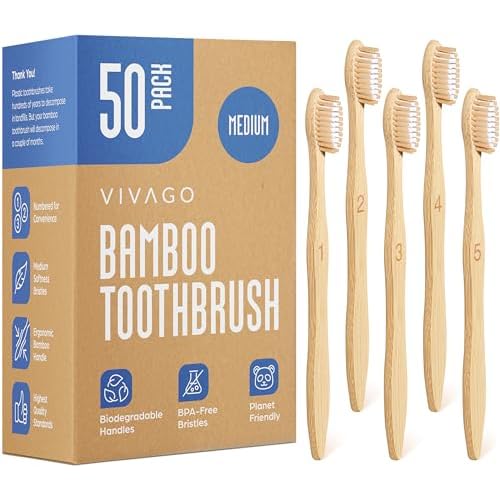 Bamboo Toothbrushes Medium Bristles 50 Pack - BPA Free Medium Bristles Toothbrushes for Adults - Eco-Friendly, Natural Wooden Toothbrush