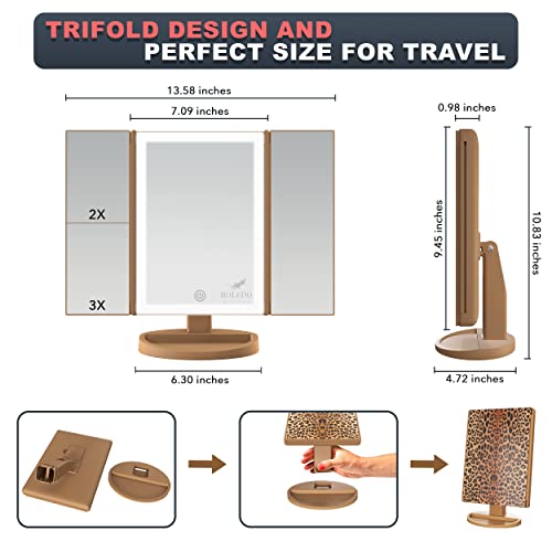 RoLeDo Trifold Lighted Makeup Mirror with 72 LED Lights, Magnification 1X/2X/3X/10X, Cheetah Leopard Print Vanity Mirror with Lights, 3 Color Lighting Modes, Dual Power, Gift Box Set
