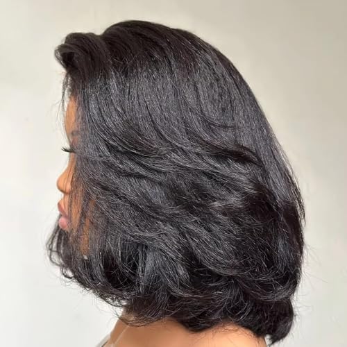 Curly Bay Hair Short Bob Yaki Side Part Layered Wavy Kinky Straight Short Bob Wig 12 Inch 180 Density Transparent HD Lace Front Wig Human Hair Pixie Cut Wig Pre Plucked with Kinky Edges
