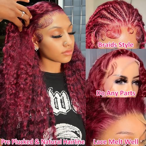 Hedy 99J Burgundy Deep Wave Human Hair Wigs for Women Pre Plucked with Baby Hair Glueless 13x6 HD Transparent Curly Lace Front Wigs Human Hair 180% Density Deep Wave Lace Frontal Wigs 22 Inch