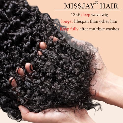 MISSJAY 13x6 Deep Wave Lace Front Wig Human Hair 32 Inch 200% Density Deep Curly Wig with Baby Hair Pre Plucked Lace Front Wigs 100% Unprocessed Brazilian Virgin Hair Natural Color for Women