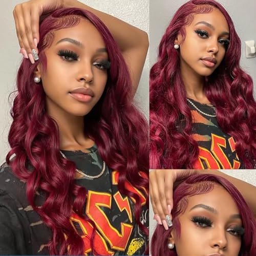 13x6 Burgundy Body Wave Lace Front Wigs Human Hair Pre Plucked 200% Density 99j Burgundy Wig Human Hair HD Lace Front Wig Glueless Red Wigs for Black Women Human Hair Bleached Knots 30 inch