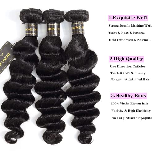 Peruvian Loose Deep Wave Bundles with Closure,(20"22"24"+18Closure) 8A Peruvian Virgin Hair Long Loose Deep Hair Bundles with 4X4 Free Part Top French Lace Closure Natural Black