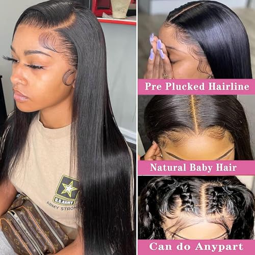 Straight Lace Front Wigs Human Hair Pre Plucked 200 Density 13x4 HD Transpatent Human Hair Wigs for Black Women Straight Lace Frontal Wigs Natural Color (32inch)