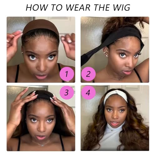 Headband Wig Human Hair Body Wave 24 Inch Glueless No Sew Headband Wig 100% Brazilian Virgin Hair 180% Dencity Wear and Go Headband Wigs for Black Women Natural Color Beginner Friendly