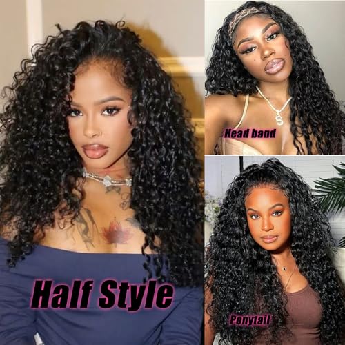 SENSAIRUITE Deep Wave Half Wig Human Hair Curly Half Wigs for Women - Upgrade Drawstring 3 in 1 Seamless Flip Over Glueless Wig 20-inch Natural Black