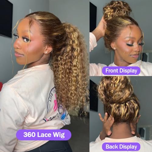 Ombre Honey Blonde 360 Lace Front Wigs Human Hair Invisi Strap Highlight Deep Wave Lace Front Wigs Human Hair 180 Density 360 HD Frontal Glueless Wigs Pre Plucked for Women 28 Inch