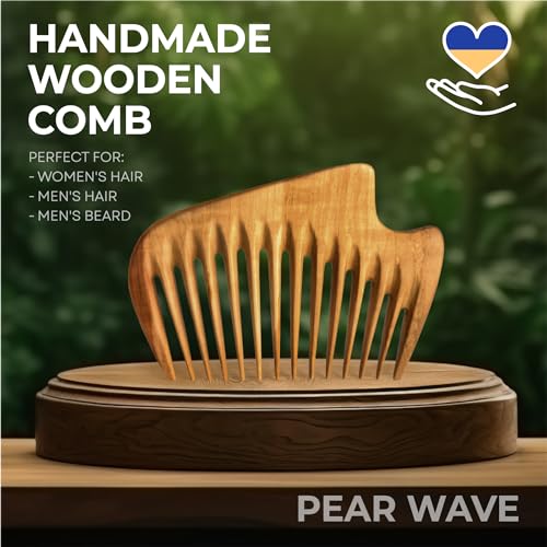Handmade Wooden Hair Comb - Natural Wood Hair Care, Scalp Massager, Eco-Friendly Perfect for use with Balms and Oils New Wave (Pear Wave)