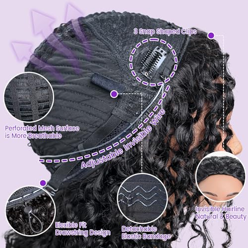 Half Wig Human Hair Glueless Wig Upgrade 4 IN 1 kinky Curly Half Wig with Invisible Wire Snap Clips Drawstring Flip Over Easy Wear Headband Wig Beginner Friendly 200 Density 20 Inch