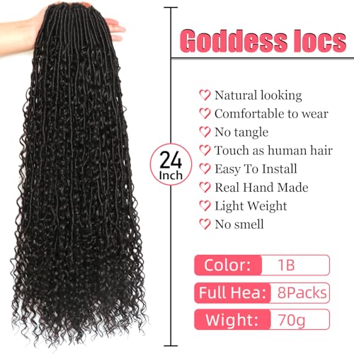 Goddess Locs Crochet Hair-24 Inch 8 Packs Boho Faux Locs Crochet Hair for Black Women Pre Looped Soft Locs with Curly Ends (1B#, 24 Inch(Pack of 8))