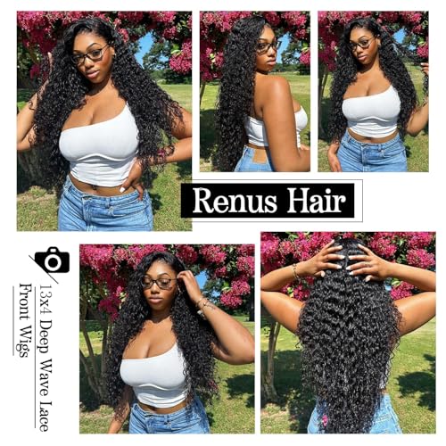Deep Wave Lace Front Wigs Human Hair 180% Density 13x4 Deep Curly Lace Frontal Wigs Hd Transparent Lace Wig 100% Virgin Human Hair Glueless Wig with Baby Hair Natural Black 26 Inch