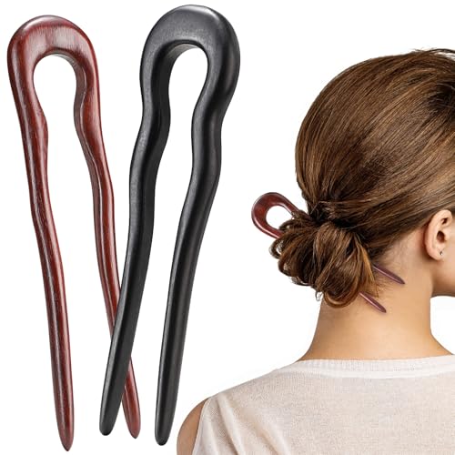 Noverlife 2PCS Wooden U Shaped Hairpins for Long Hair, Handmade French Hair Stick Vintage 2-Prong Wave Hair Forks, Ebony Sandalwood Hair Chopsticks Elegant Chignon Pins for Women Bun Updo Hairstyle