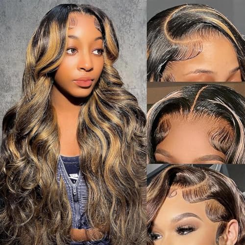 28 Inch 1b/27 Ombre 13x6 Body Wave Lace Front Wigs Human Hair HD Lace 180 Density Glueless Wigs Pre Plucked with Baby Hair