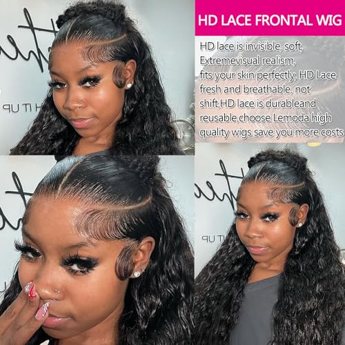 Lemoda Deep Wave 13x6 Full Lace Frontal Wigs Human Hair 200% Density HD Lace Pre Plucked Deep Wave Frontal Wig Human Hair Curly Wig for Black Women Wet and Wavy Wig 22Inch Natural Color
