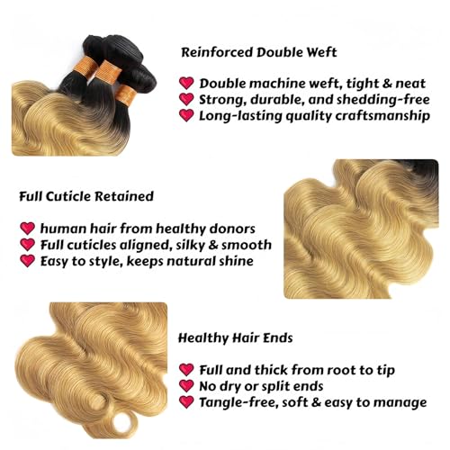 T1B/27 Body Wave Human Hair Bundles 26 28 30 Inch 3 Bundles Brazilian Virgin Remy Hair Extensions Ombre Natural Black to Honey Blonde Weave for Black Women