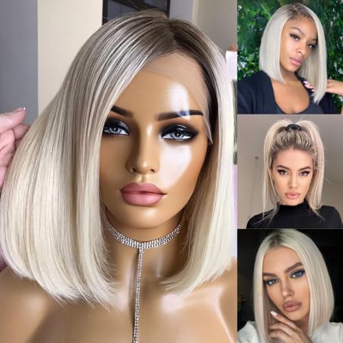Ombre Platinum Blonde Wig Human Hair with Dark Roots 10 Inch Straight Bob Ash Blonde Lace Front Wigs for White Women 13x4 HD Lace Frontal Pre plucked 150% Density