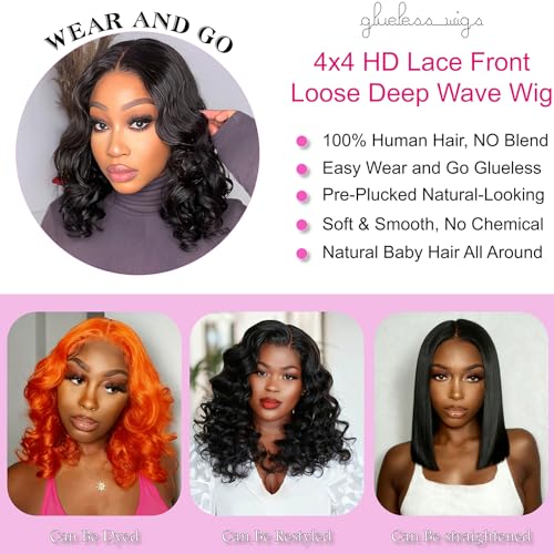 Loose Deep Wave Lace Front Wigs 100% Human Hair Pre Plucked Pre Cut Body Wave 4x4 Transparent Lace Closure Wigs Wear and Go Glueless Wig for Black Women Body Wavy Curly Wig Natural Color 16 Inch