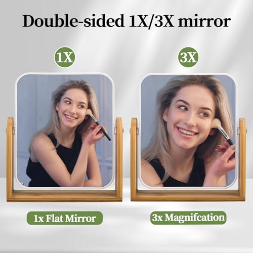 Desk Mirror,Mirror for Desk,1X/3X Magnifying Double-Sided 360¡ÆFlippable Vanity Mirror,Makeup Mirror,with Natural Bamboo Stand-White