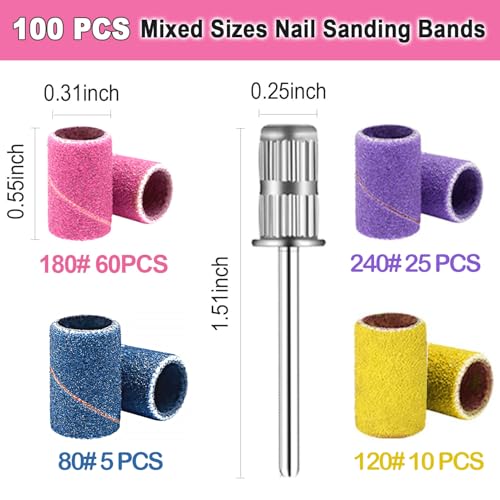 Nail Drill Bits 100 Pcs Sanding Bands for Nail Drill, Nail Tips for Drill Bits Nail Tech, Mix 80#120#180#240# Fine Grit File Sanding Bands for Acrylic Gel Manicures and Pedicure