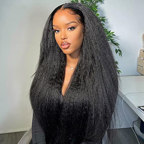 ISEE HAIR Lace Front Wigs Human Hair Kinky Straight Wear & Go Glueless Wigs Natural Hairline Pre Cut 7x5 HD Lace Closure Wig Beginner Friendly 180% Density (Natural Color, 18 Inch)