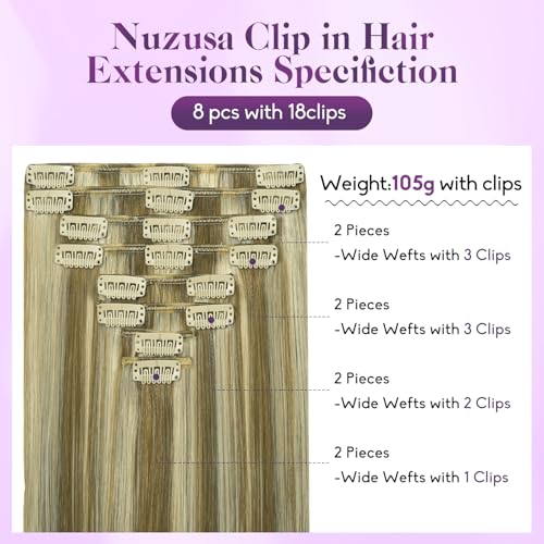 Blonde Clip in Hair Extensions Real Human Hair 8pcs Per Set with Double Weft 100% Seamless Blonde Hair Extensions for Women #8p613 Mixed Bleach Blonde 26inch 130g/4.6oz