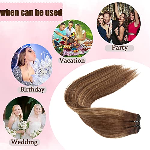 Clip in Hair Extensions Human Hair 120g Real Human Hair Extensions Clip in Balayage Chocolate Brown to Caramel Blonde 8PCS Clip in Straight Remy Hair Extensions (14 inch, 4/27/4)