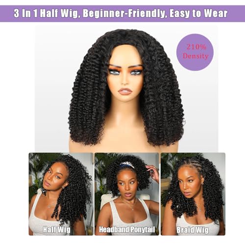 22 Inch Half Wig Human Hair 210 Density Kinky Curly Half Wig for Black Women 3 In 1 Seamless Flip Over Human Hair Half Wig Glueless Wear and Go Beginner Friendly Drawstring Headband Wig Human Hair