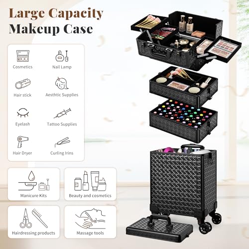 AROUS 5 in 1 Rolling Makeup Train Case Cosmetology Case on Wheels Large Cosmetic Organizer Travel Cart for Hairstylist Artist Nail Beauty Salon Barber,Black