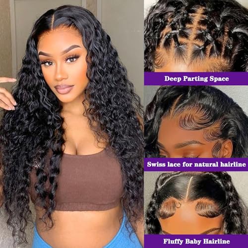 13x6 Deep Wave Lace Front Wigs Human Hair 200 Density Pre Plucked HD Transparent Lace Frontal Wigs Deep Curly Wet and Wavy Glueless Wigs for Women£¨ 24 inch £¬ Natural Black£© (Black, Long)
