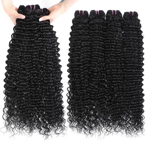 15A Raw Human Hair Bundles Deep Wave Bundles Human Hair,Triple Lifespan Indian Virgin Hair,No Tangle Shedding,Multiple Washes Keep Texture Silky Soft 4 Bundle Natural Black, 14 16 18 20