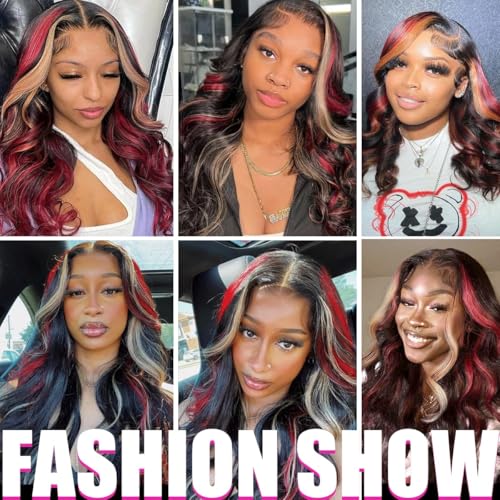 200% Density Glueless Wig Black Red Blonde Wig Red And Blonde Highlight Wig Human Hair Body Wave Lace Front Wigs 13X6 Lace Front Human Hair Wigs Pre Plucked 18INCH