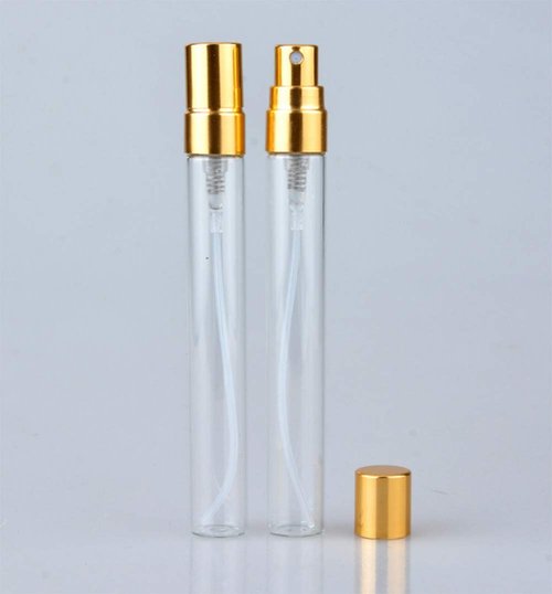 JJKMALL- 10pcs Slim Fine Mist 10ml 1/3oz Gold Atomizer Clear Glass Bottle Vial Spray Refillable Liquid Fragrance Perfume Empty Scent Bottle Free 3ML Free Pipette for Travel Makeup Party