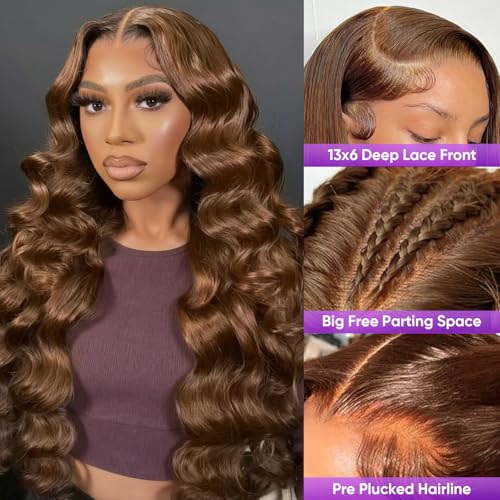 26 Inch Brown Body Wave Human Hair Wig Pre Plucked 13x6 HD Transparent Lace Frontal Wigs Human Hair 200% Density Glueless Brown Body Wave Lace Frontal Wigs for Women