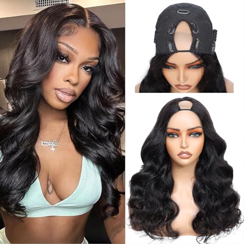 V Part Wig Human Hair Body Wave Upgrade U Part Human Hair Wig With Adjustable Drawstring 200% Density V Shape Clip In Half Wig For Women Natural Color 20 Inch