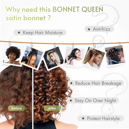 BONNET QUEEN Silk Bonnet for Sleeping Women Satin Bonnet Night Sleep Cap Hair Wrap for All Hair with Adjustable Tie Band,Black