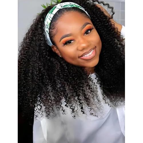 V SHOW Glueless Curly Headband Wig Human Hair 180% Density Thick Throw & Go Kinky Curly Headband Wigs for Women 16 Inch None Lace Front Wigs Wear and Go Glueless Human Hair Wigs