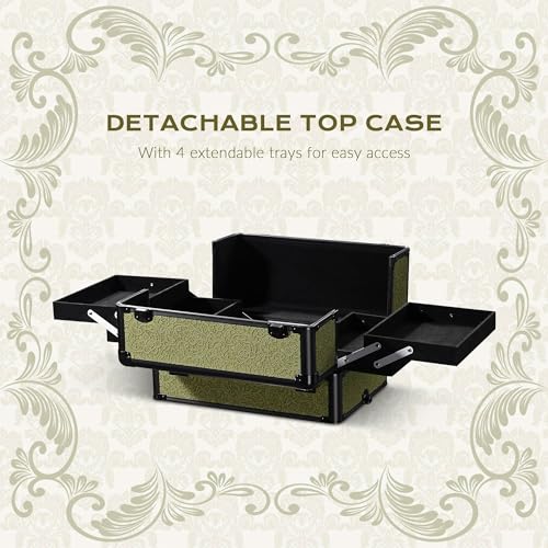 BYOOTIQUE 4in1 Cosmetology Cases on Wheels Rolling Makeup Organizer Cart Professional Nail Tech Storage Hairdressing Brush Bags for Nail Artist Beauty Barber Salon Hairstylist,Rococo Moss