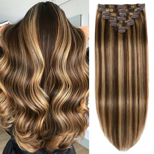 Clip in Hair Extensions Real Human Hair, 22inch 110g, 100% Brazilian Remy Human Hair Clip ins for Women, Double Weft Invisible 8pcs, #4/27 Chocolate Brown to Honey Blonde