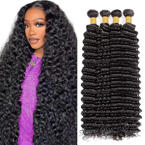 Deep Wave Bundles Human Hair 20 22 24 26 Inch Deep Curly Human Hair Bundle For Women 100% Unprocessed 12A Quick Weave 4 Bundles Deals Natural Color 400G