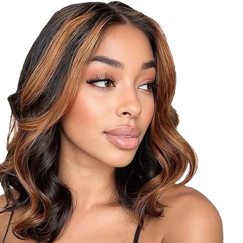 13x4 Body Wave Lace Front Wigs Human Hair Highlight 180 Density 1B/30 Ombre Bob Wig Human Hair Pre Plucked Glueless Balayage Lace Frontal Wigs for Women 8inch
