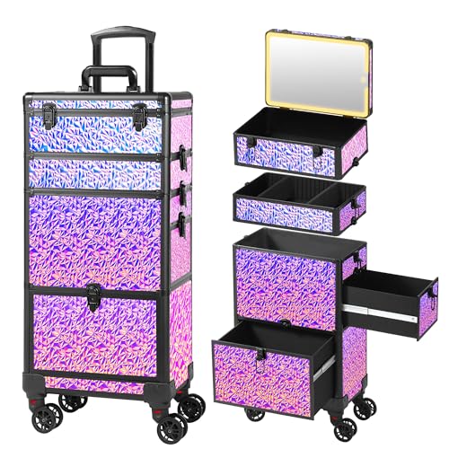Rolling Makeup Case with Lighted Mirror, Makeup Train Case with Large Drawer, Cosmetology Case, Travel Makeup Organizers, Professional for Salon Barber, Nail, Tattoo, Multicolor Purple