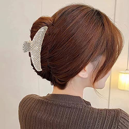 2 Pack Large Rhinestone Hair Clips, Crystal Pearl Hair Claw Clips, Black Gold Jumbo Jaw Clip, Nonslip Hair Claw for Thick Long Hair, Fashion Hair Clamp Accessories for Women Girls