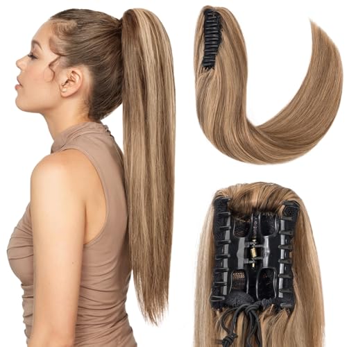 Hairro Claw Clip Ponytail Human Hair Extensions Jaw On Ponytails Remy Long Straight Jaw/Claw Clips Pony Tail Hairpieces For Women 20 Inch 120g #4P27 Medium Brown Mix Dark Blonde