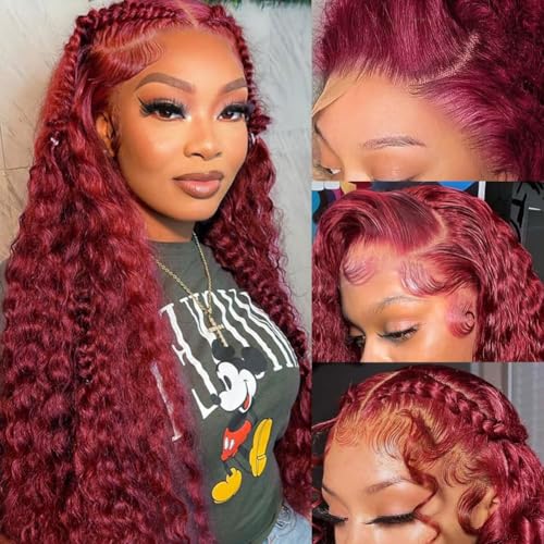 Burgundy Lace Front Wigs Human Hair Wigs for Black Women 13x4 Transparent Lace Frontal Wig 99j Deep Wave Wigs Glueless Wet And Wavy Red Colored Curly Human Hair Wig Pre Plucked (26 Inch)