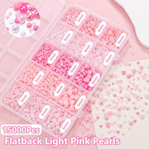 15000 Pcs Pink Flatback Pearls for Crafting, Assorted Size 3/4/6mm Half Pearls Bedazzling ABS Pearl Beads Gems for Nails Art DIY Crafts Face Makeup with Pickup Pencil Tweezer