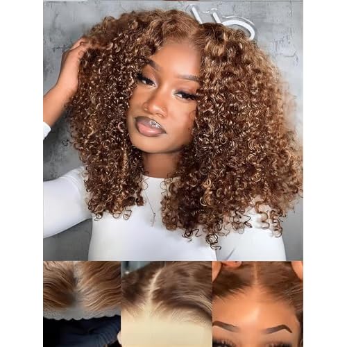 ISEE M-Cap Kinky Curly Wear Go Glueless Wigs Human Hair Pre Plucked Pre Cut Bleached Knots 9x6 HD Lace Glueless Human Hair Wigs For Women (Highlight Ombre, 16 Inch)