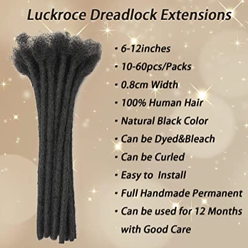 Dreadlocks Extension Human Hair 10inch 0.8cm 60 Strands Locs Extensions Human Hair For Man/Women Permanent Loc Extensions Can Be Dyed Bleached Curled (Natural Black)