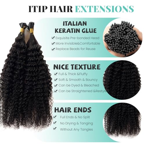 I Tip Hair Extensions Human Hair Kinky Curly Natural Black Hair Extensions Real Human Hair Pre Bonded Keratin Cold Fusion Curly Hair I tip Extension for 3C 4A Hair Black Women 100 Strands 14 Inch