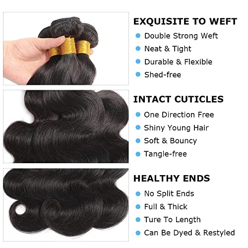 Aomllute 12A Body Wave Human Hair Bundles 22 24 26 Inch 3 Bundles Human Hair Body Wave Bundles 100% Unprocessed Raw Brazilian Virgin Weave Bundles Human Hair Natural Black Color